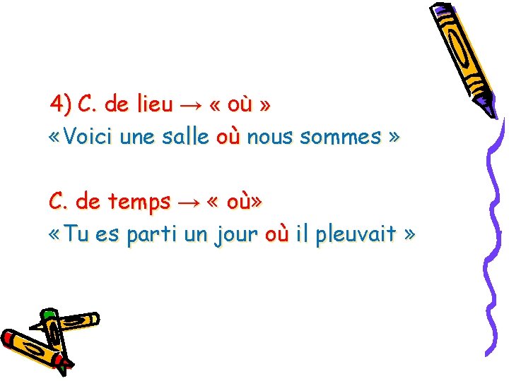 4) C. de lieu → « où » «Voici une salle où nous sommes