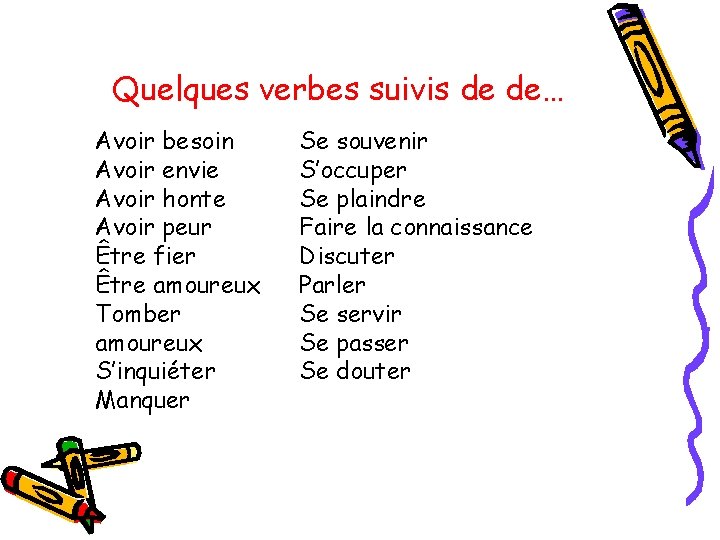 Quelques verbes suivis de de… Avoir besoin Avoir envie Avoir honte Avoir peur Être