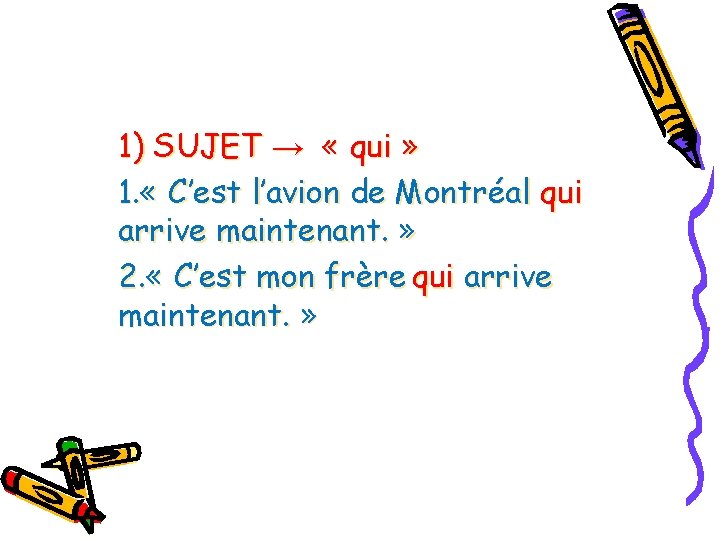 1) SUJET → « qui » 1. « C’est l’avion de Montréal qui arrive
