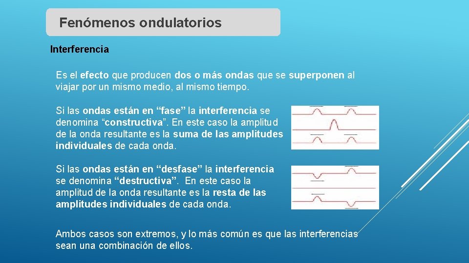 Fenómenos ondulatorios Interferencia Es el efecto que producen dos o más ondas que se