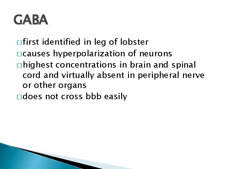 GABA � first identified in leg of lobster � causes hyperpolarization of neurons �