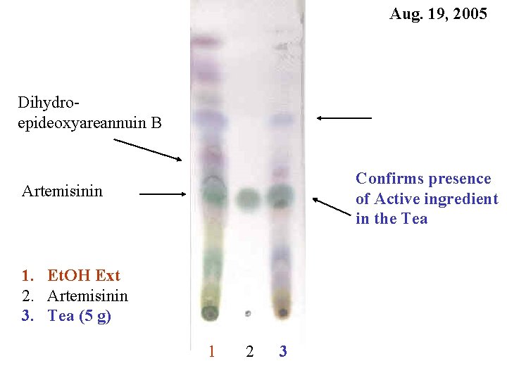 Aug. 19, 2005 Dihydroepideoxyareannuin B Confirms presence of Active ingredient in the Tea Artemisinin