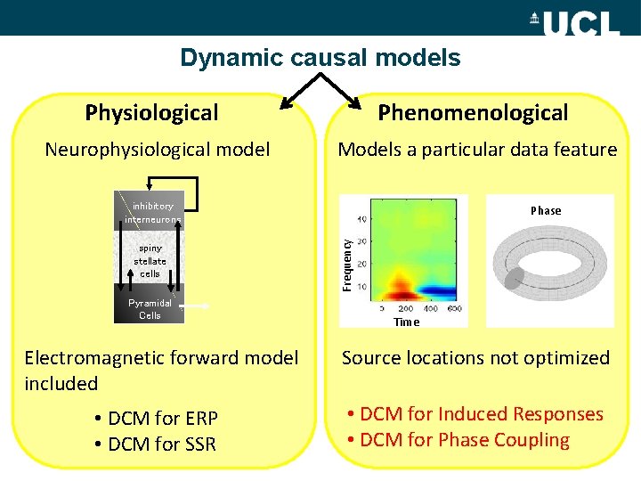 Dynamic causal models Physiological Phenomenological Neurophysiological model Models a particular data feature inhibitory interneurons