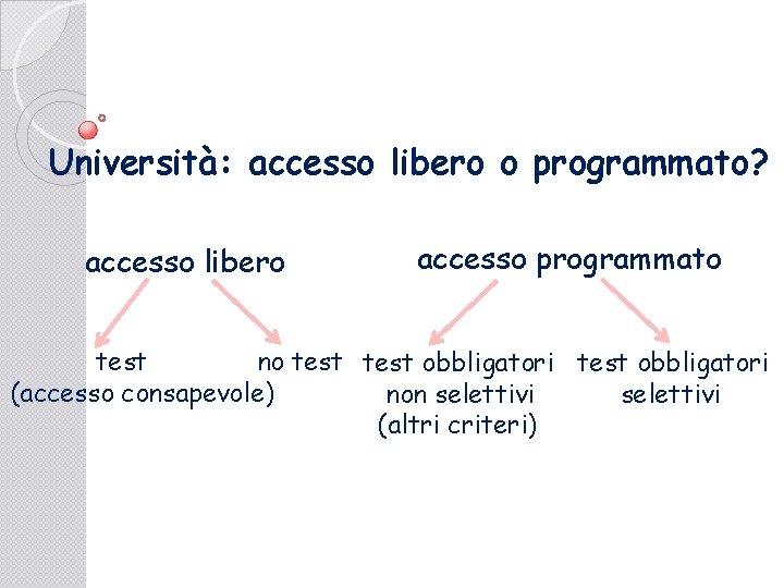 Università: accesso libero o programmato? accesso libero accesso programmato test no test obbligatori (accesso