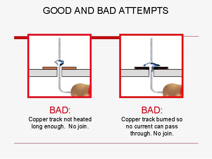 GOOD AND BAD ATTEMPTS BAD: Copper track not heated long enough. No join. Copper