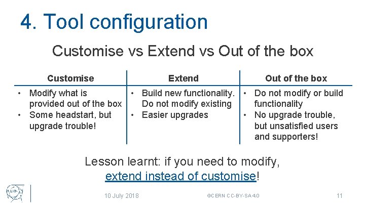 4. Tool configuration Customise vs Extend vs Out of the box Customise Extend Out