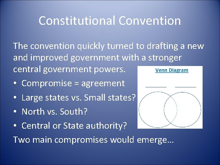 Constitutional Convention The convention quickly turned to drafting a new and improved government with