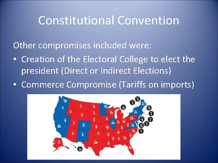 Constitutional Convention Other compromises included were: • Creation of the Electoral College to elect