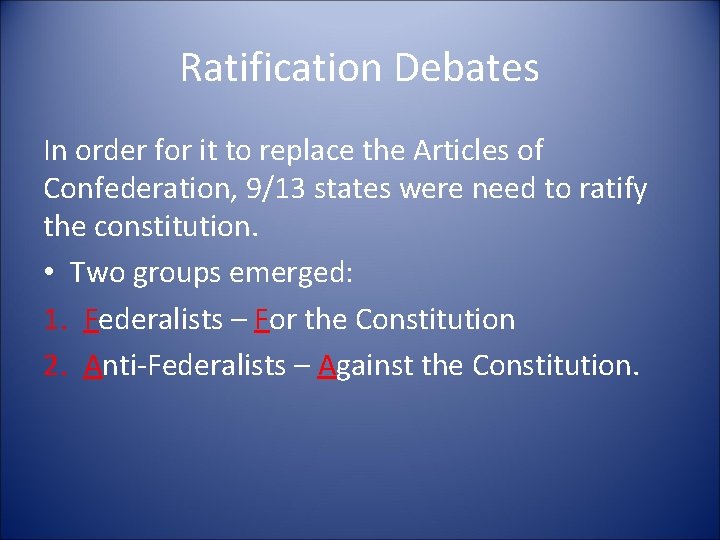 Ratification Debates In order for it to replace the Articles of Confederation, 9/13 states