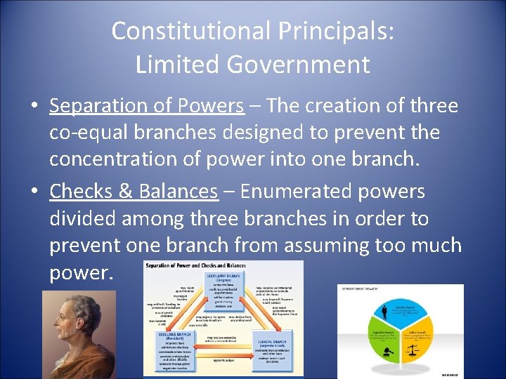 Constitutional Principals: Limited Government • Separation of Powers – The creation of three co-equal