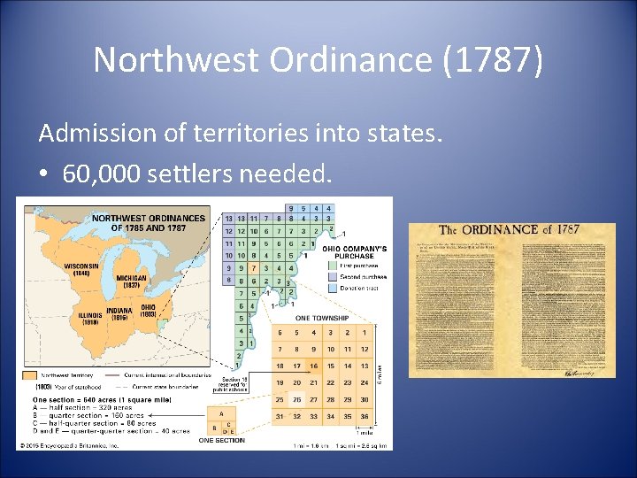 Northwest Ordinance (1787) Admission of territories into states. • 60, 000 settlers needed. 