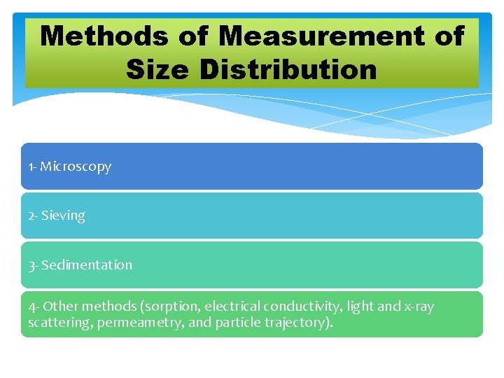 Methods of Measurement of Size Distribution 1 - Microscopy 2 - Sieving 3 -