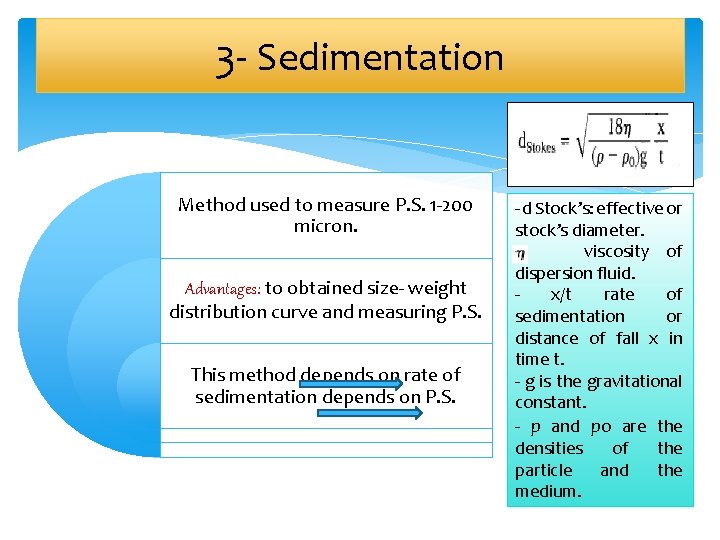 3 - Sedimentation Method used to measure P. S. 1 -200 micron. Advantages: to