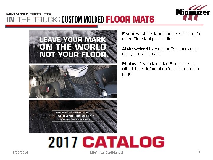 : Features: Make, Model and Year listing for entire Floor Mat product line. Alphabetized