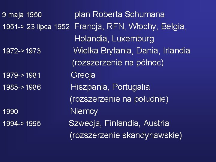 plan Roberta Schumana 1951 -> 23 lipca 1952 Francja, RFN, Włochy, Belgia, Holandia, Luxemburg