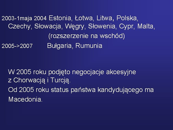 2003 -1 maja 2004 Estonia, Łotwa, Litwa, Polska, Czechy, Słowacja, Węgry, Słowenia, Cypr, Malta,
