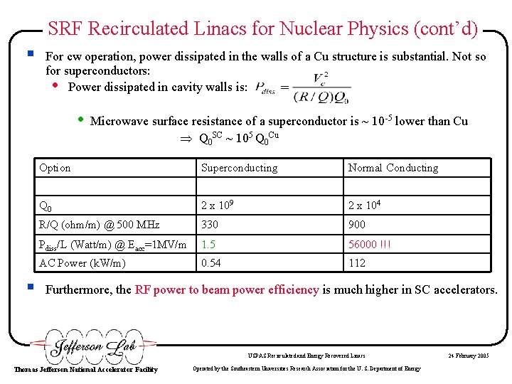 SRF Recirculated Linacs for Nuclear Physics (cont’d) § For cw operation, power dissipated in