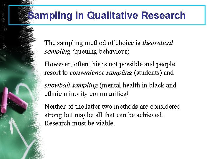 Sampling in Qualitative Research The sampling method of choice is theoretical sampling (queuing behaviour)