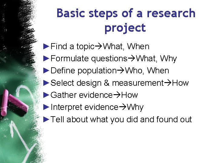 Basic steps of a research project ►Find a topic What, When ►Formulate questions What,