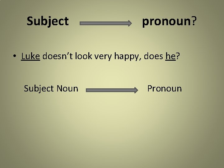 Subject pronoun? • Luke doesn’t look very happy, does he? Subject Noun Pronoun 