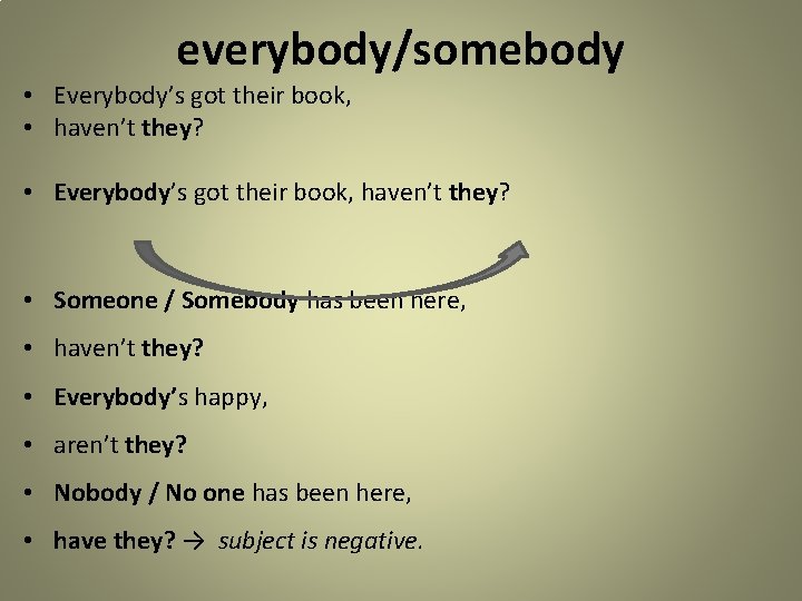 everybody/somebody • Everybody’s got their book, • haven’t they? • Everybody’s got their book,