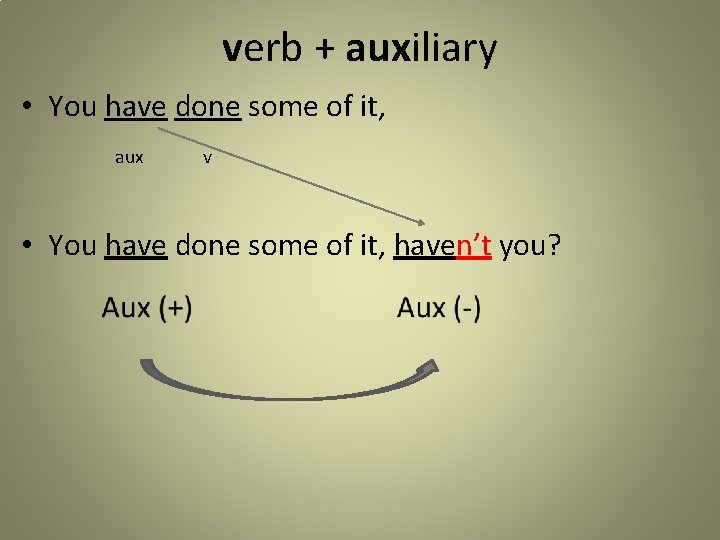 verb + auxiliary • You have done some of it, aux v • You