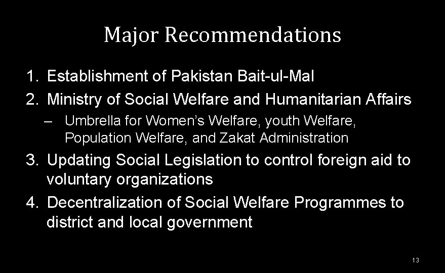Major Recommendations 1. Establishment of Pakistan Bait-ul-Mal 2. Ministry of Social Welfare and Humanitarian