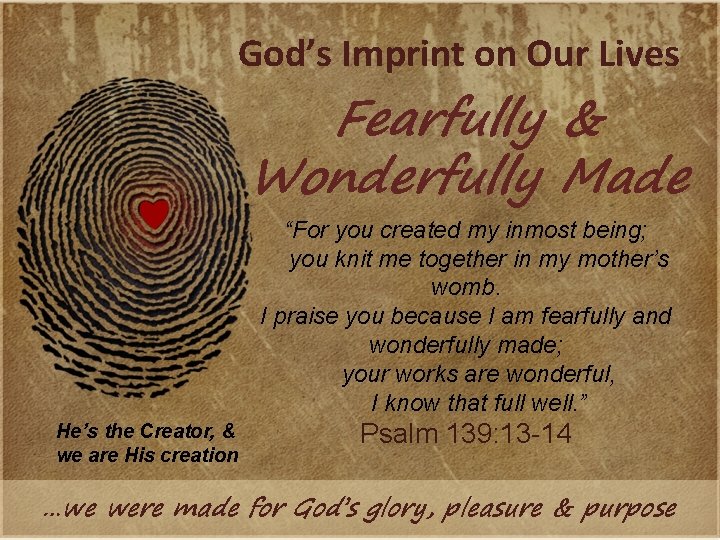 God’s Imprint on Our Lives Fearfully & Wonderfully Made “For you created my inmost