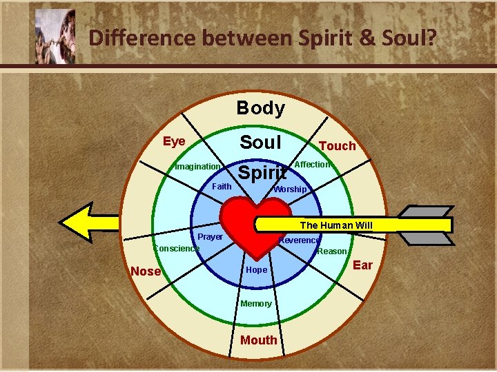 Difference between Spirit & Soul? Body Soul Eye Imagination Faith Spirit Touch Affection Worship