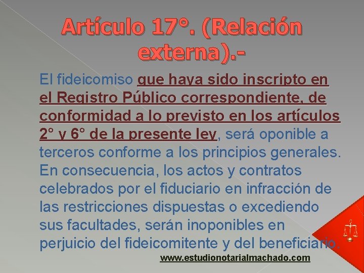 Artículo 17°. (Relación externa). El fideicomiso que haya sido inscripto en el Registro Público