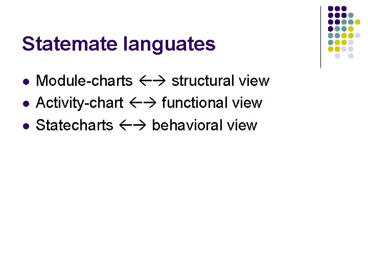 Statemate languates l l l Module-charts structural view Activity-chart functional view Statecharts behavioral view Statemate languates l l l Module-charts structural view Activity-chart functional view Statecharts behavioral view