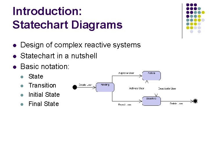 Introduction: Statechart Diagrams l l l Design of complex reactive systems Statechart in a Introduction: Statechart Diagrams l l l Design of complex reactive systems Statechart in a
