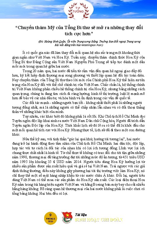 TƯ TƯỞNG “Chuyến thăm Mỹ của Tổng Bí thư sẽ mở ra những thay TƯ TƯỞNG “Chuyến thăm Mỹ của Tổng Bí thư sẽ mở ra những thay