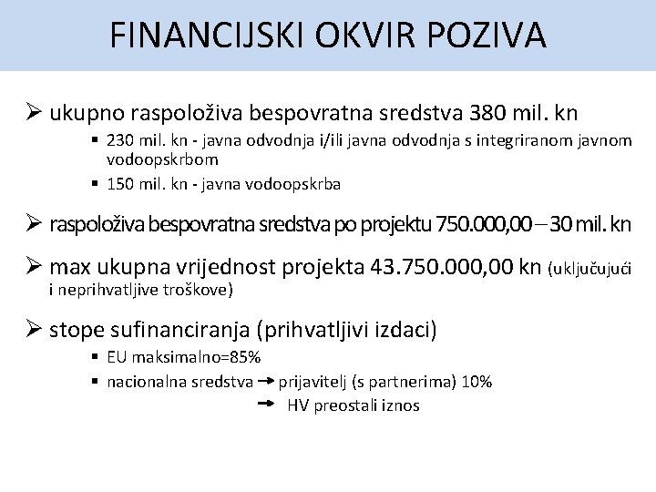 FINANCIJSKI OKVIR POZIVA Ø ukupno raspoloživa bespovratna sredstva 380 mil. kn § 230 mil.