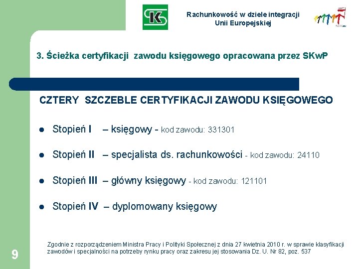 Rachunkowość w dziele integracji Unii Europejskiej 3. Ścieżka certyfikacji zawodu księgowego opracowana przez SKw.