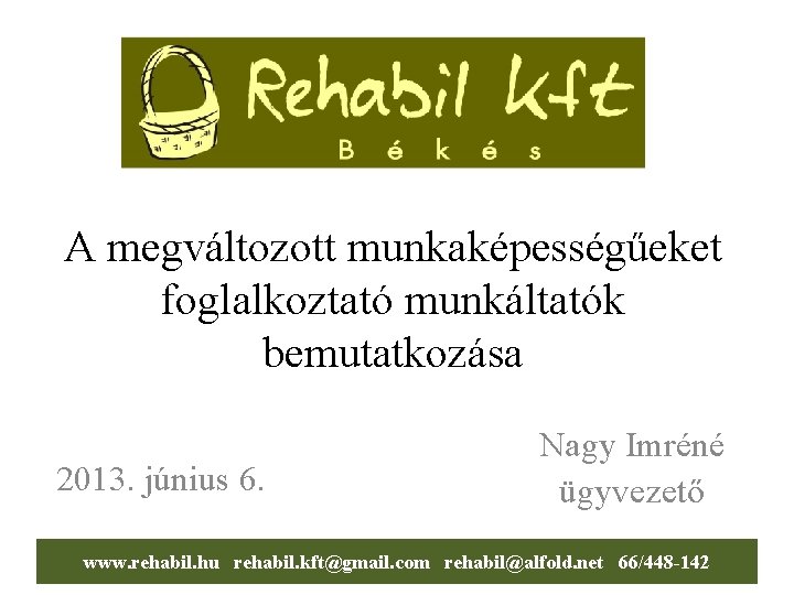 A megváltozott munkaképességűeket foglalkoztató munkáltatók bemutatkozása 2013. június 6. Nagy Imréné ügyvezető www. rehabil.
