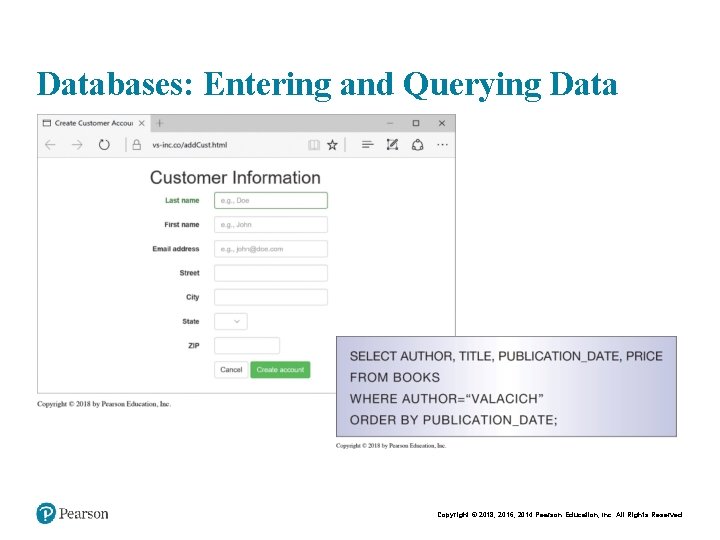 Databases: Entering and Querying Data Copyright © 2018, 2016, 2014 Pearson Education, Inc. All