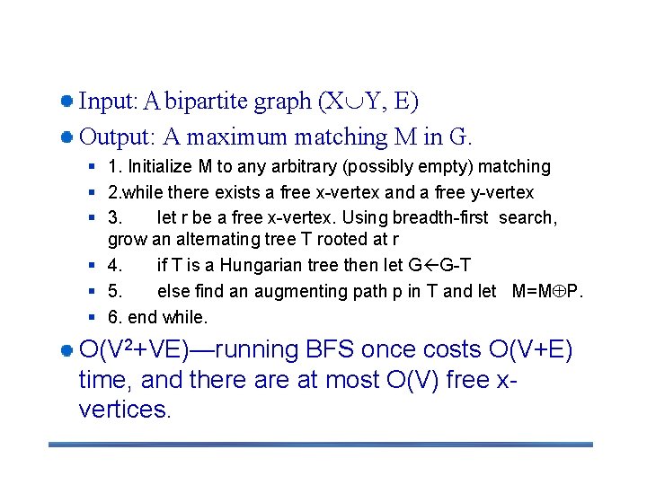 Overall algorithm Input: Ａbipartite graph (X Y, E) Output: A maximum matching M in