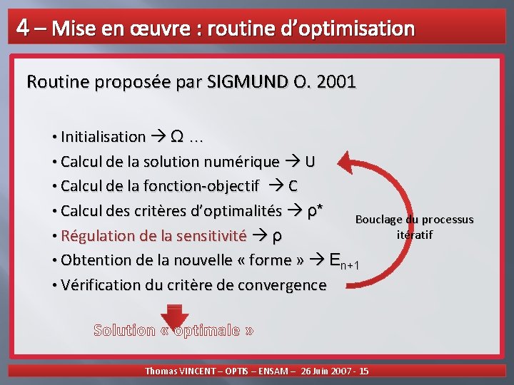 4 – Mise en œuvre : routine d’optimisation Routine proposée par SIGMUND O. 2001