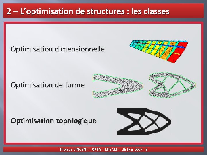 2 – L’optimisation de structures : les classes Optimisation dimensionnelle Optimisation de forme Optimisation