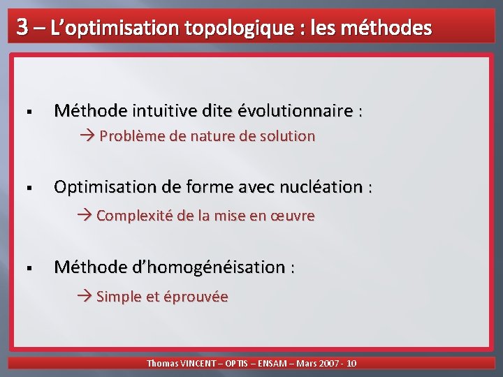 3 – L’optimisation topologique : les méthodes § Méthode intuitive dite évolutionnaire : Problème