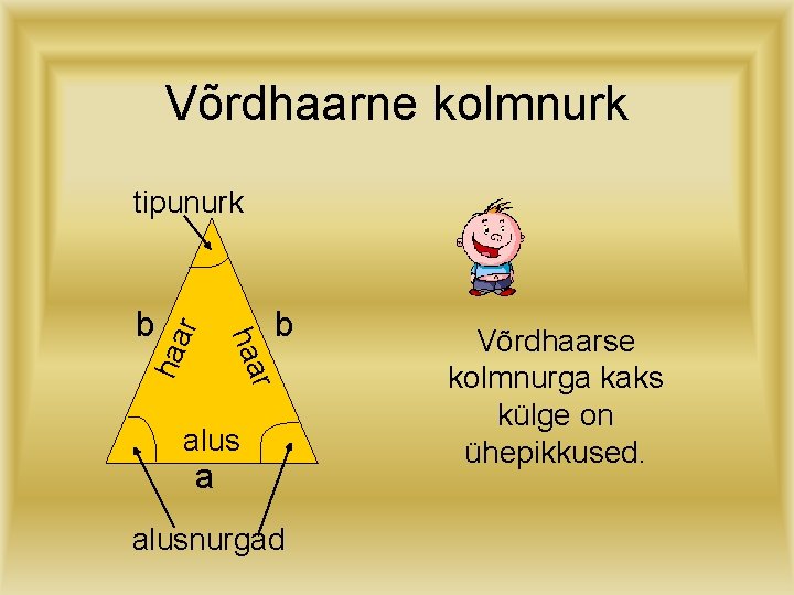 Võrdhaarne kolmnurk b r haa b r tipunurk alus a alusnurgad Võrdhaarse kolmnurga kaks