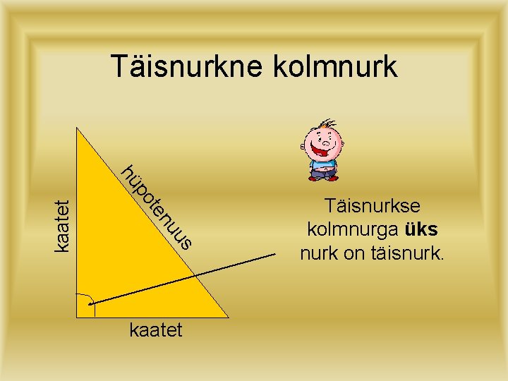 Täisnurkne kolmnurk nu te us kaatet po hü kaatet Täisnurkse kolmnurga üks nurk on