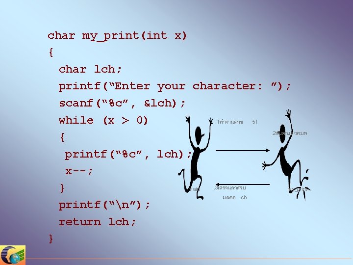 char my_print(int x) { char lch; printf(“Enter your character: ”); scanf(“%c”, &lch); . 1ทำงานดวย