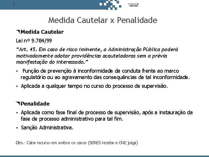 Antes de decidir, pense no estudante. Medida Cautelar x Penalidade Medida Cautelar Lei nº