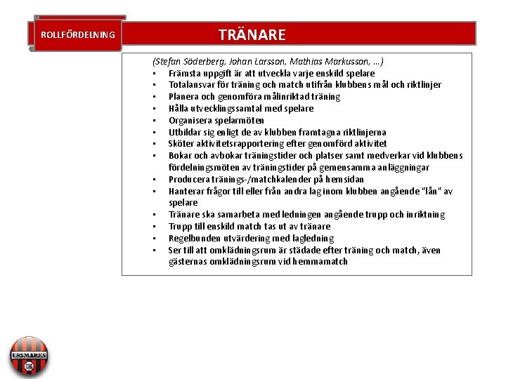 ROLLFÖRDELNING TRÄNARE (Stefan Söderberg, Johan Larsson, Mathias Markusson, …) • Främsta uppgift är att