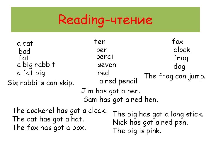 Reading-чтение a cat bad fat a big rabbit a fat pig Six rabbits can