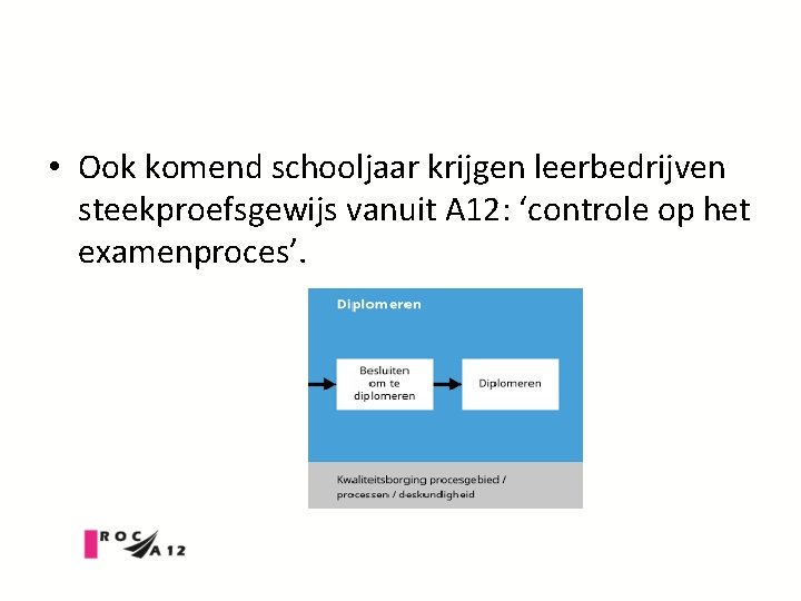  • Ook komend schooljaar krijgen leerbedrijven steekproefsgewijs vanuit A 12: ‘controle op het