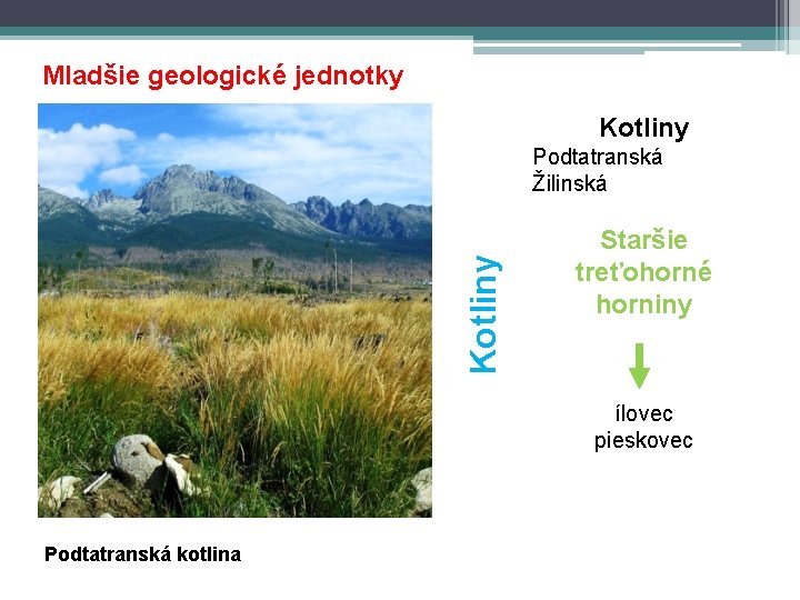 Mladšie geologické jednotky Kotliny Podtatranská Žilinská Staršie treťohorné horniny ílovec pieskovec Podtatranská kotlina 