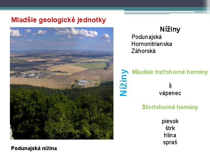 Mladšie geologické jednotky Nížiny Podunajská Hornonitrianska Záhorská Mladšie treťohorné horniny Íl vápenec Štvrtohorné horniny